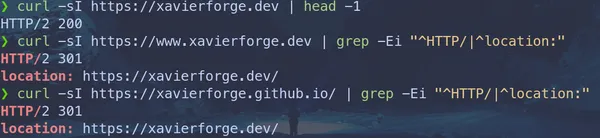 curl check results: apex returns 200, the old github.io 301-redirects to the new domain