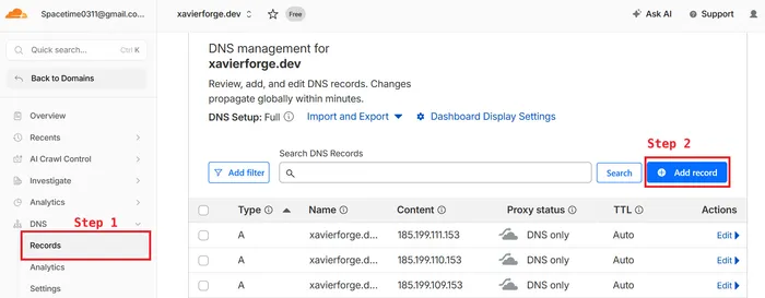 The DNS → Records settings page in the Cloudflare dashboard