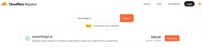 Cloudflare Registrar domain lookup — purchase price equals the renewal price (renew at cost)