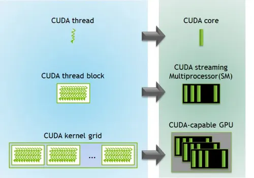 Software-side threads, blocks, and grid correspond respectively to hardware-side CUDA cores, SMs, and the whole GPU